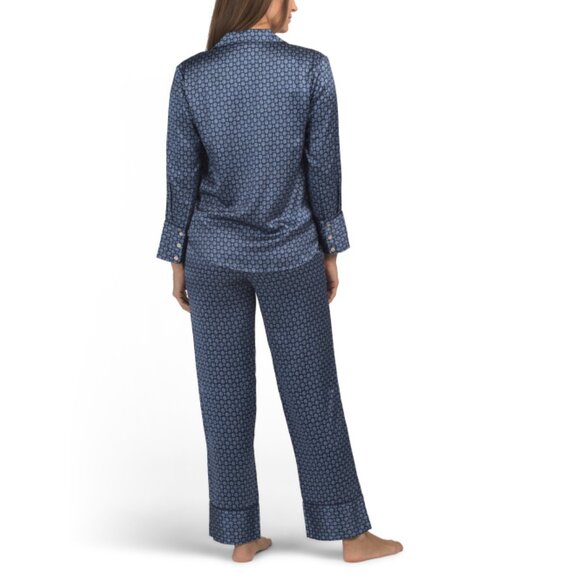 PETITE PLUME Navy Silk Midnight Foulard Pajama Top And Pants Set - Picture 2 of 2